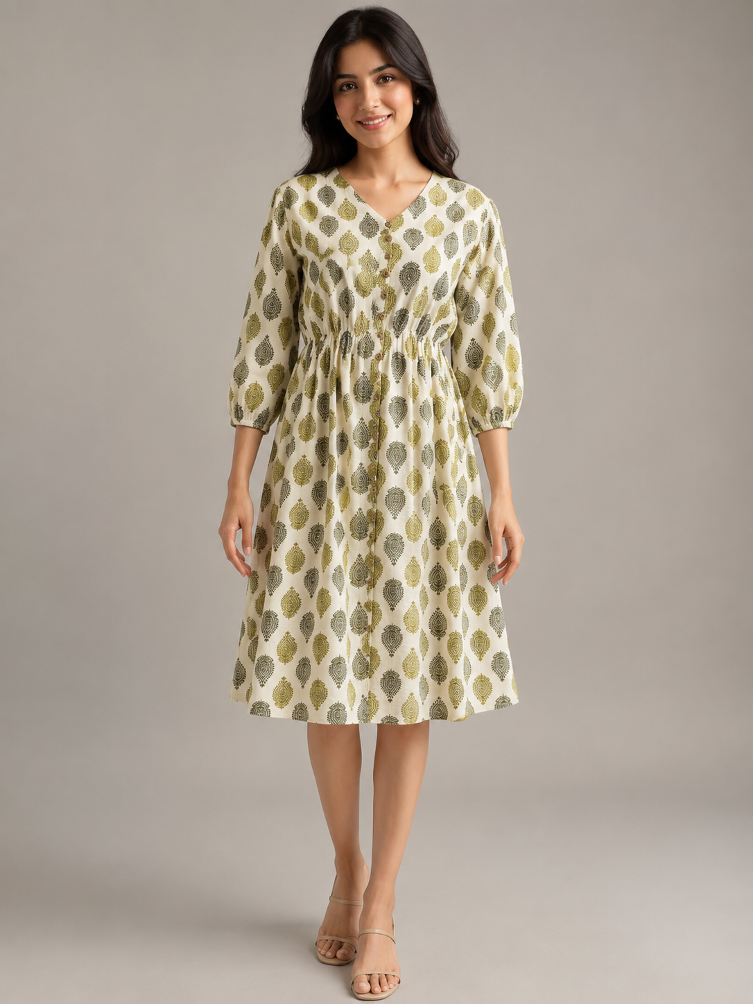Imported Lycra Printed Fit & Flare Midi Dress – Ivory & Olive Green